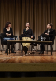 Picture of Gwenola Wagon, Stéphane Degoutin and Alain Bieber (left to right) at "ARTE Creative at transmediale: World Brain"