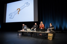 Picture of Juha Huuskonen, Tuomo Tammenpää, Jocelyn Bailey and Kate Rich (left to right) at the panel "(Re)Positioning Maker Culture"