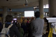 Picture of an artist talk with Diani Barreto, Eleanor Saitta and Penny Red (left to right)