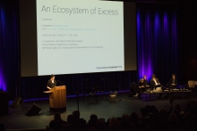 Picture of Daniela Silvestrin (left) introducing the panel "An Ecosystem of Excess"