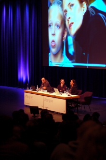 Picture of Trevor Paglen, Jacob Appelbaum and Laura Poitras (left to right) at "Keynote: Art as Evidence"