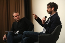 Florian Wüst (left) in conversation with Caspar Stracke (right) after the screening "redux/time/OUT OF JOINT" at transmediale 2017.