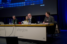 Picture of Sean Cubitt, Denisa Kera, Jussi Parikka and Ryan Bishop (left to right) at "The Media of the Earth: Geologies of Flesh and the Earth"