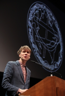 Kristoffer Gansing at the opening rally of transmediale 2018 face value