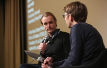 Florian Wüst interviewing Zachary Formwalt after the screening"Safe Investment" at transmediale 2018 face value