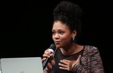 Nelly Yaa Pinkrah at the panel "The Weaponization of Language" at transmediale 2018 face value
