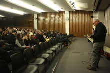 Stefan Rusu introducing the screening "Nothing To Lose: The Melancholy of Resistance" at transmediale 2018 face value