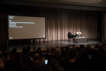 Zach Blas (left) and Aria Dean (right) at the discussion "Reimagine the Internet: Affect, Velocity, Excess" at transmediale 2018 face value.