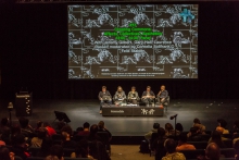 Jeremy Gilbert, Cornelia Sollfrank, Laurence Rassel, Felix Stalder, and Gary Hall (left to right) at the panel Creating Commons: Affects, Collectives, Aesthetics