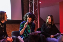 Yvonne Volkart, Isabel de Sena, and Christina Grammatikopoulou (from left to right) at the book presentation The Beautiful Warriors. Techno-Feminist Practice in the 21st Century