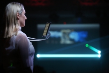 Marija Bozinovska Jones during her performance Fascia 18100619013 at transmediale 2019