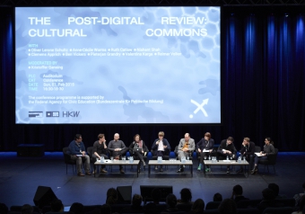 Picture of Nishant Shah, Clemens Apprich, Oliver Lerone Schultz, Anne-Cécile Worms, Kristoffer Gansing, Volker Reimar, Ruth Catlow, Ben Vickers, Pieterjan Grandry and Valentina Karga at "The Post-Digital Review: Cultural Commons"