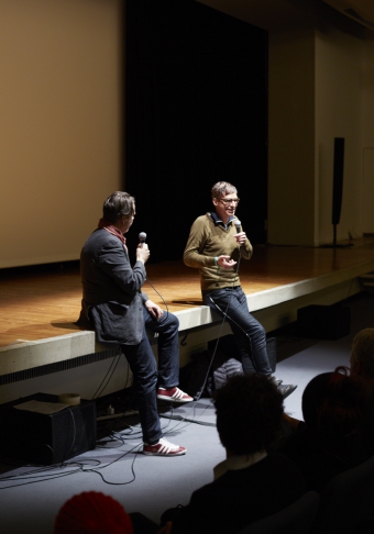 Picture of Marcel Schwierin (left) in conversation with Christian von Borries (right) after the screening "The Capitalist Religion"
