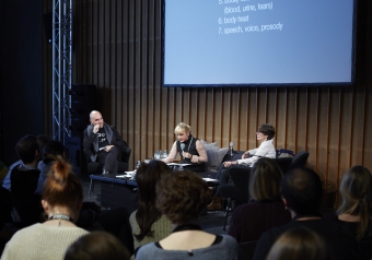 Picture of Matteo Pasquinelli, Pinar Yoldas and Marie-Luise Angerer (left to right) at "Devices of Affective Surveillance"