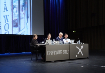 Picture of Laurel Ptak, Mercedes Bunz, Ned Rossiter and Trebor Scholz (left to right) at "Your Future at Work: Logistics, Rights and Dilemmas"