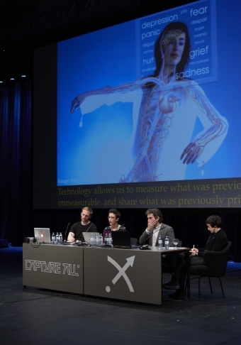 Picture of Mark Butler, Jennifer Whitson, Paolo Ruffino and Daphne Dragona (left to right) at "All Play and No Work: The Quantified Us"