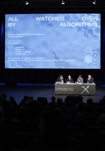 Picture of Felix Stadler, Matteo Pasquinelli, Antoinette Rouvroy and Evgeny Morozov (left to right) at "All Watched Over by Algorithms"
