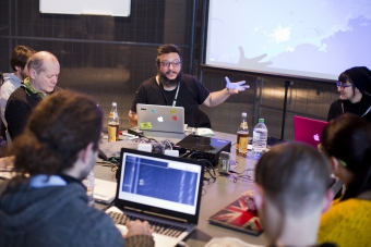 Picture of Salvatore Iaconesi (center) and Oriana Persico (right) at the workshop "Ubiquitous Commons"