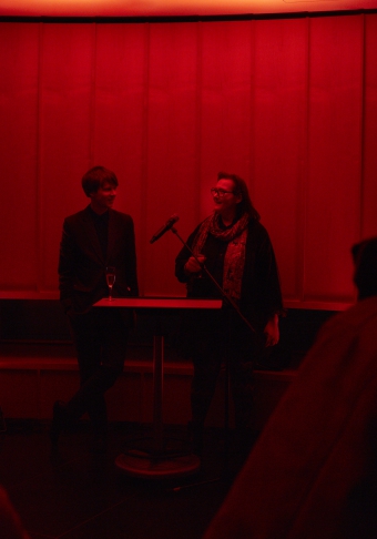 Picture of Kristoffer Gansing (left) at the opening of the exhibition "Abrupt Diplomat"