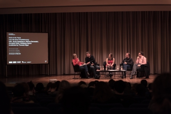 Picture of Annegret Falter, Wolfgang Kaleck, Theresa Züger, Markus Beckedahl and Jacob Appelbaum (left to tight) at the panel "Let's talk about Whistleblowing"