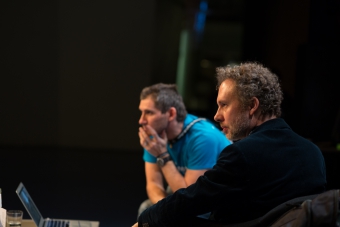 Picture of François-Joseph Lapointe (in the back) and Christian de Lutz (in the front) at the talk "1000 Handshakes – Towards an Aesthetic of the Microbiome"