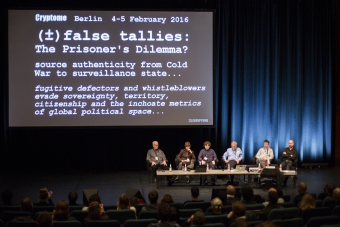 Picture of Deborah Natsios & John Young, M.C. McGrath, Evan Light, Andrew Clement and Krystian Woznicki at the panel "Tacit Futures #1: Building Snowden Archives"
