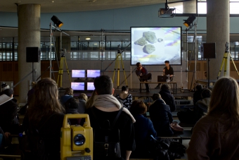 Picture of Georgios Papadopoulos (left) and Rosemary Lee (right) at Lee's artist talk
