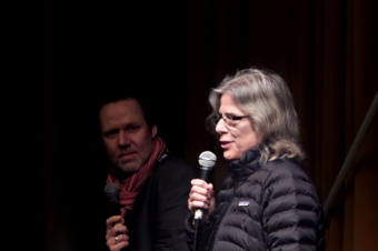 Picture of Marcel Schwierin (left) in conversation with Alezabeth Cander Zaah (right) after the screening "Digital Plays"