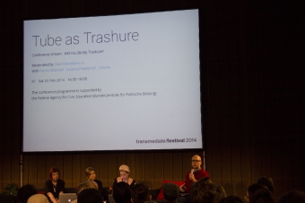 Picture of Feona Attwood, Susanna Paasonen, Slavina and Sharif Mowlabocus (left to right) at "Tube as Trashure"