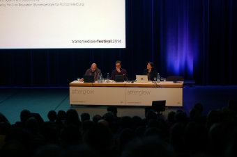 Picture of Trevor Paglen, Jacob Appelbaum and Laura Poitras (left to right) at "Keynote: Art as Evidence"