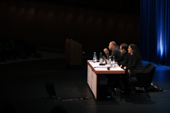 Picture of Trevor Paglen, Jacob Appelbaum and Laura Poitras (left to right) at "Keynote: Art as Evidence"