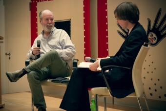 Picture of Douglas Coupland (left) and Kristoffer Gansing (right) at the 2014 Marshall McLuhan Lecture "Space Junk"