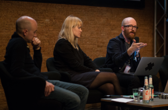 Picture of Christopher Kirkley, Maria Roszkowska and Nicolas Maigret (left to right) at the book launch of "The Pirate Book"