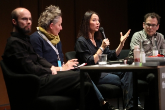 Krystian Woznicki, Jutta Weber, Natalie Fenton and Robert Latham at "Friendly Fire: What Is It to Re-think Radical Politics, Today?"