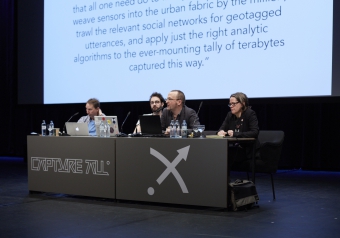 Picture of Ryan Bishop, Tobias Revell, Stephen Graham and Sarah Kember (left to right) at "Predict & Command Cities of Smart Control"