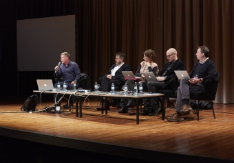 Picture of Jordan Crandall, Benjamin H. Bratton, Tiziana Terranova, Jussi Parikka and Ryan Bishop (left to right) at "The Post-Planetary Design: A Speculative Sense"