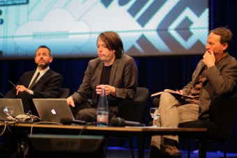 Picture of Benjamin H. Bratton, Metahaven and Ryan Bishop (left to right) at "Keynote: The Black Stack"