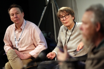 Ryan Bishop (left) and Marie-Luise Angerer (right) at "Material Flows: Rafts and Bodies at Sea"