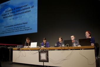 Florian Cramer, Camille Paloque-Berges, Olia Lialina, Dragan Espenschied, and Rosa Menkman (left to right) at "Unstable and Vernacular: Vulgar and Trivial Articulations of Networked Communication", transmediale 2012.