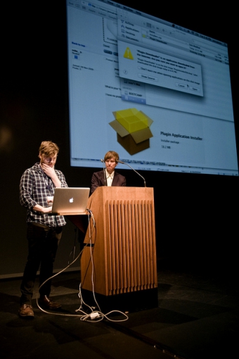 jon.satrom (left) and Kristofer Gansing at the opening ceremony of transmediale 2012 in/compatible.
