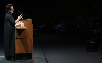 Françoise Vergès delivering her keynote "Politics of Forgetfulness" at transmediale 2018 face value