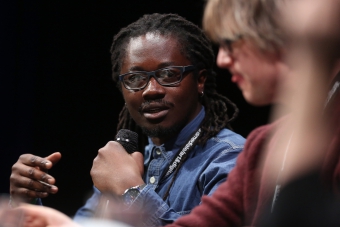 Larry Achiampong at the panel "The Violent Imagination of Financial Capitalism" at transmediale 2018 face value