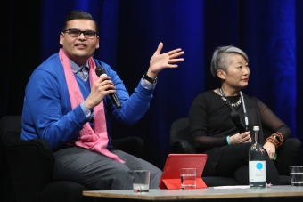 Nishant Shah (left) and Lisa Nakaruma (right) in the discussion after the keynote "Call Out, Protest, Speak Back" at transmediale 2018 face value.