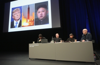 Impression of the panel "Biased Futures" at transmediale 2018 face value.