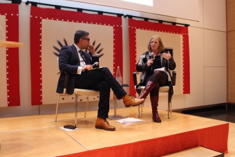 Faisal Devji (left) in conversation with Megan Boler (right) at the 2018 transmediale Marshall McLuhan Lecture