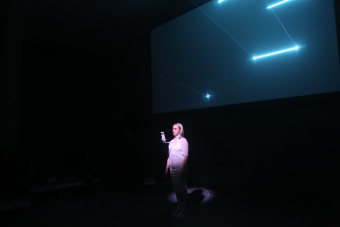 Marija Bozinovska Jones during her performance Fascia 18100619013 at transmediale 2019