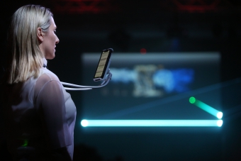 Marija Bozinovska Jones during her performance Fascia 18100619013 at transmediale 2019