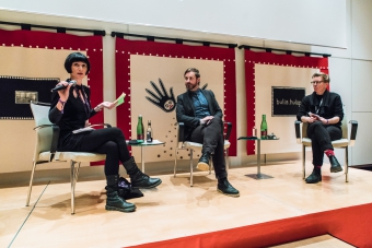 Phoebe V Moore, Joshua Neves, and Mél Hogan at the transmediale Marshall McLuhan Lecture