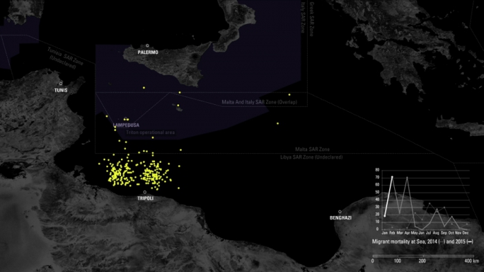 Blaming the Rescuers von Forensic Oceanography (Lorenzo Pezzani & Charles Heller), Teil der Ausstellung "Territories of Complicity" der transmediale 2018 face value