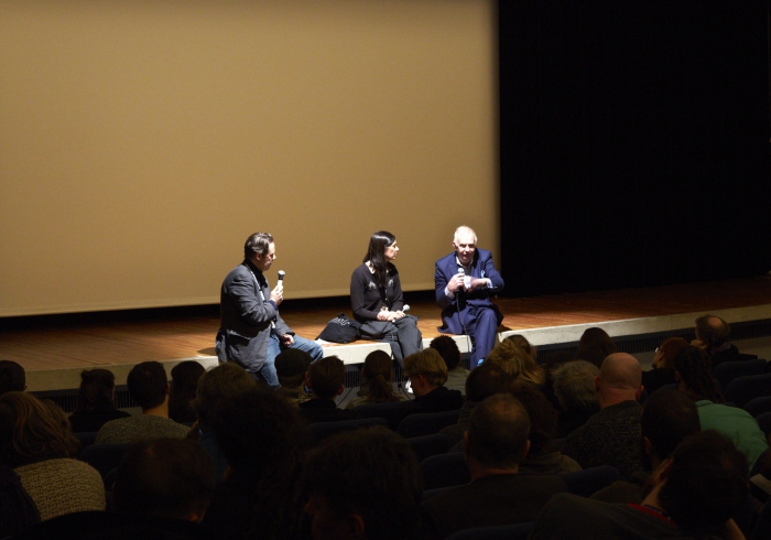 Picture of Marcel Schwiering in conversation with Karen Mirza and Klaus vom Bruch (left to right) after the screening of "Cruel Narrations"